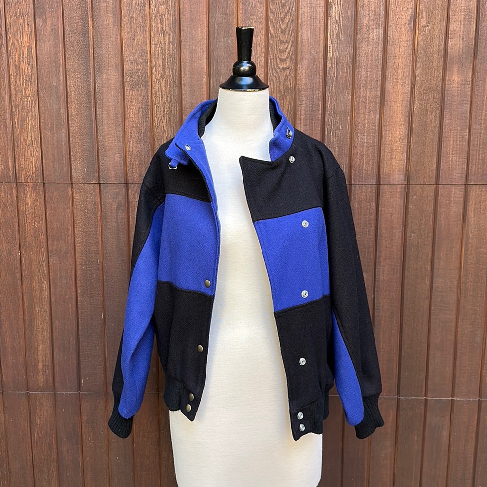 New York Girl black and blue vintage style wool bomber jacket, M, made in USA